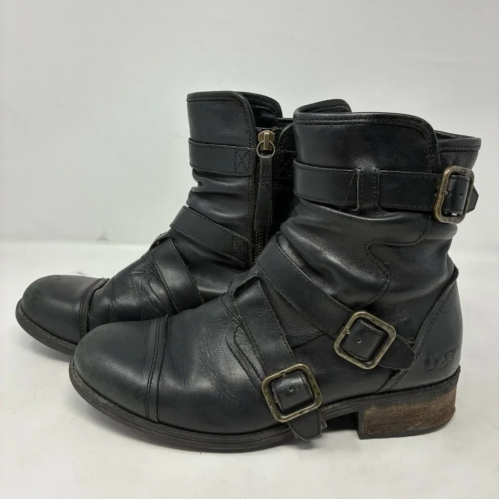 UGG Finney Black Suede 3 Buckle Strap Motorcycle Cap Toe & Zip Mid Calf Boots 8